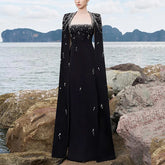 Beaded Lanyard Shawl Sleeve And Floor Long Dress - kinko