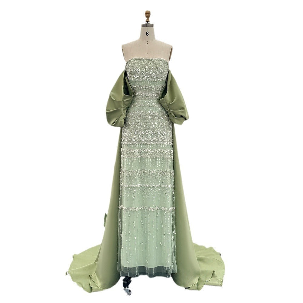 Foreign Trade Tube Top Heavy Industry Beads Off-shoulder Satin Trailing Evening Dress - kinko