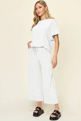 Double Take Full Size Texture Round Neck Short Sleeve T-Shirt and Wide Leg Pants - kinko