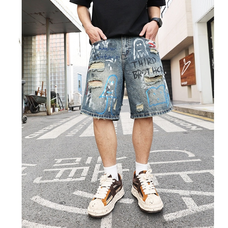 All-match Ripped Men's Jeans Shorts Trend Graffiti - kinko