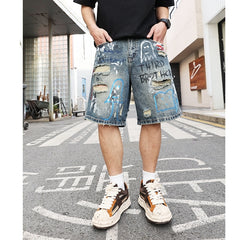 All-match Ripped Men's Jeans Shorts Trend Graffiti - kinko