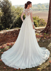 High U-neck Lace Long Sleeve A- Line Long Tail Simple Wedding Dress - kinko
