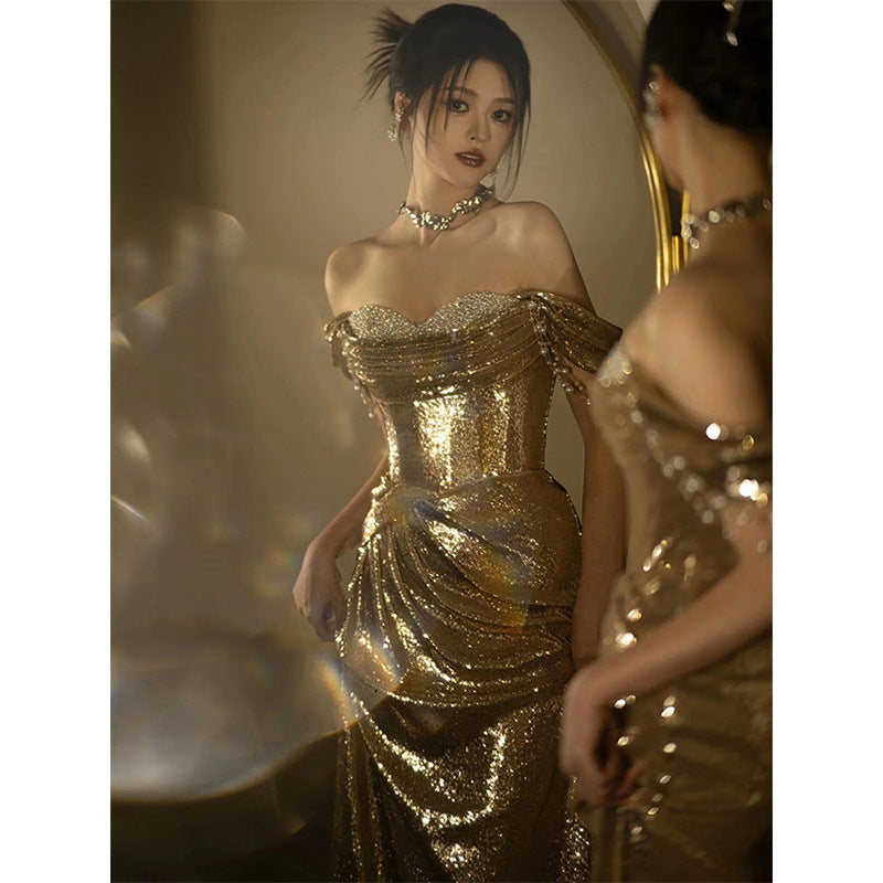 Gold Evening Dress Women's High-grade Sequined Off-shoulder Tube Top Toast Dress Bridal Fishtail Dress - kinko