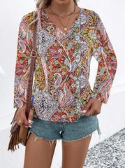 Printed V-neck Long Sleeve Shirt Women's Clothing - kinko