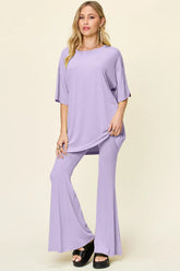 Double Take Full Size Round Neck Drop Shoulder T-Shirt and Flare Pants Set - kinko