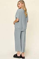 Double Take Full Size Texture Round Neck Short Sleeve T-Shirt and Wide Leg Pants - kinko