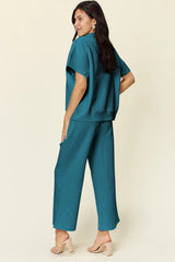 Double Take Full Size Texture Half Zip Short Sleeve Top and Pants Set - kinko
