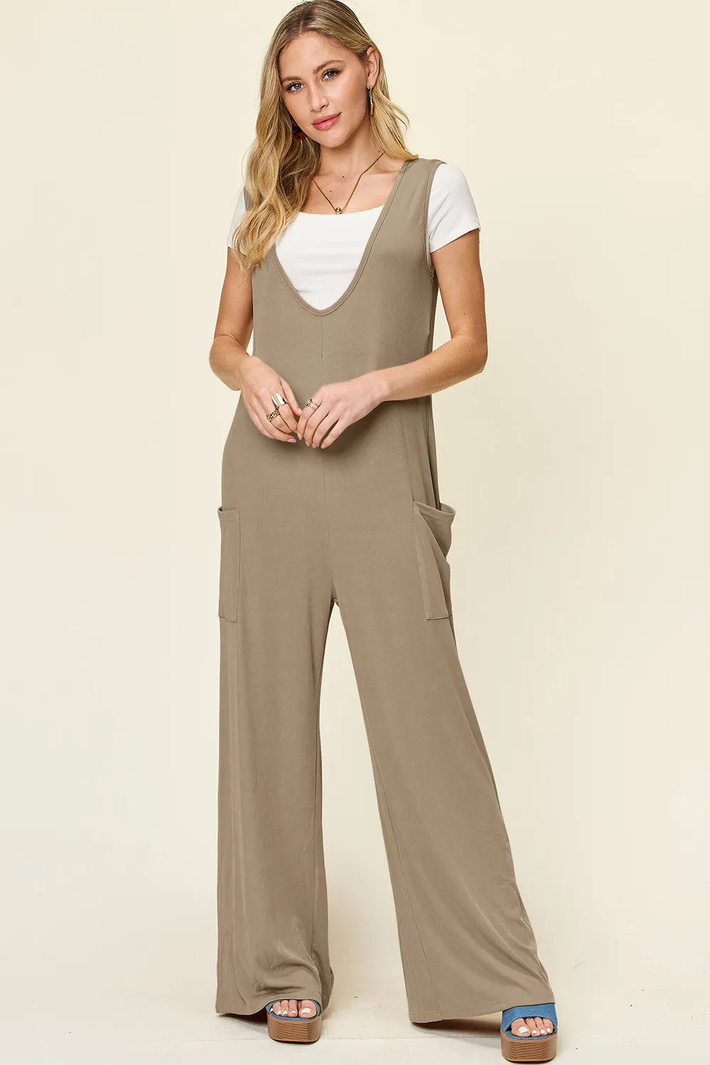 Double Take Full Size Sleeveless Wide Leg Jumpsuit with Pockets - kinko