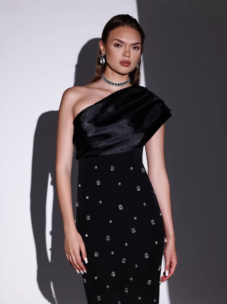 Off-shoulder Diamond Black Evening Dress - kinko