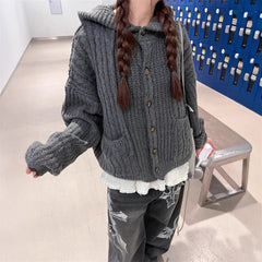 Fall Winter Hooded Knitwear Coat For Women Thickened Single-breasted Knitwear Top For Women