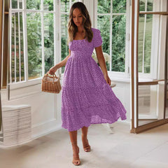 Square Collar Short Sleeve Dress Summer Puff Floral Printed Dress Long Dresses - kinko