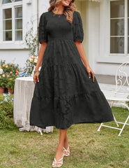 Women's Summer Casual Lace Dress Floral Ruffle Puff Short Sleeve High Waist Midi Beach Dresses - kinko