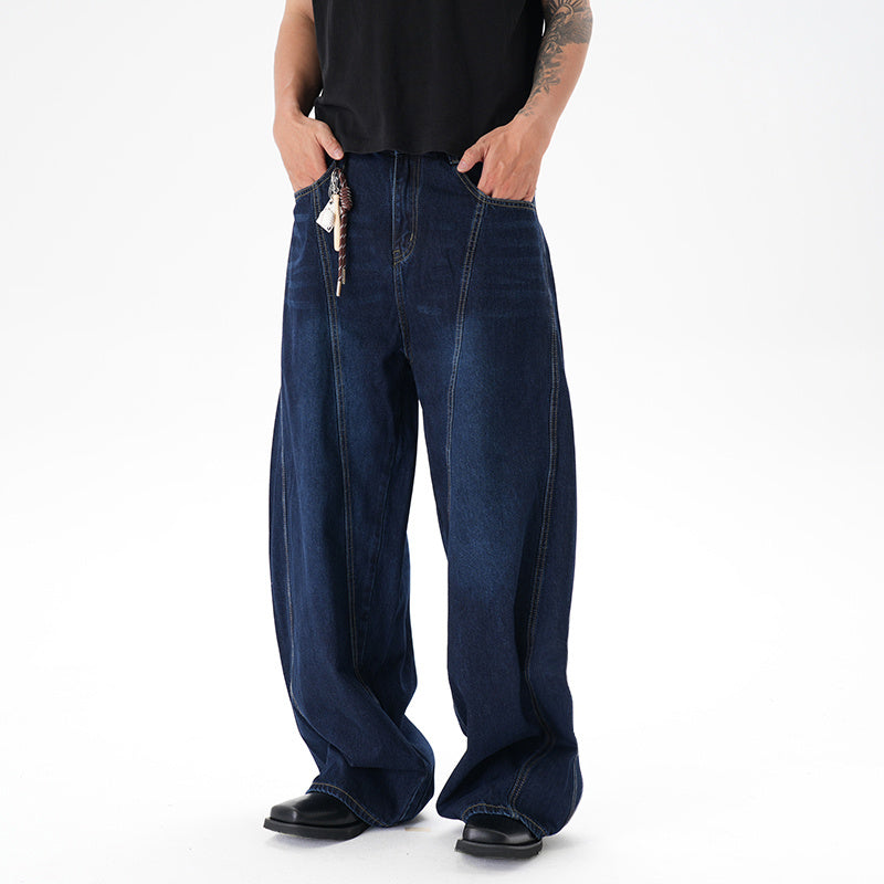 Washed Distressed Dark Blue Wide Leg Machete Jeans - kinko