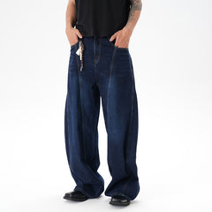 Washed Distressed Dark Blue Wide Leg Machete Jeans - kinko