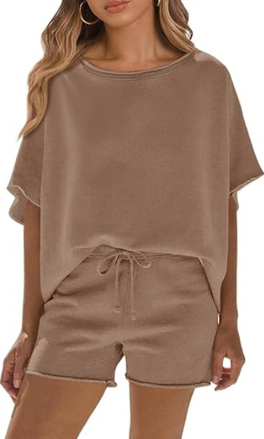 Fisoew Womens Summer 2 Piece Outfits Oversized Casual Short Sleeve Tops And High Waisted Shorts Workout Lounge Short Sets - kinko