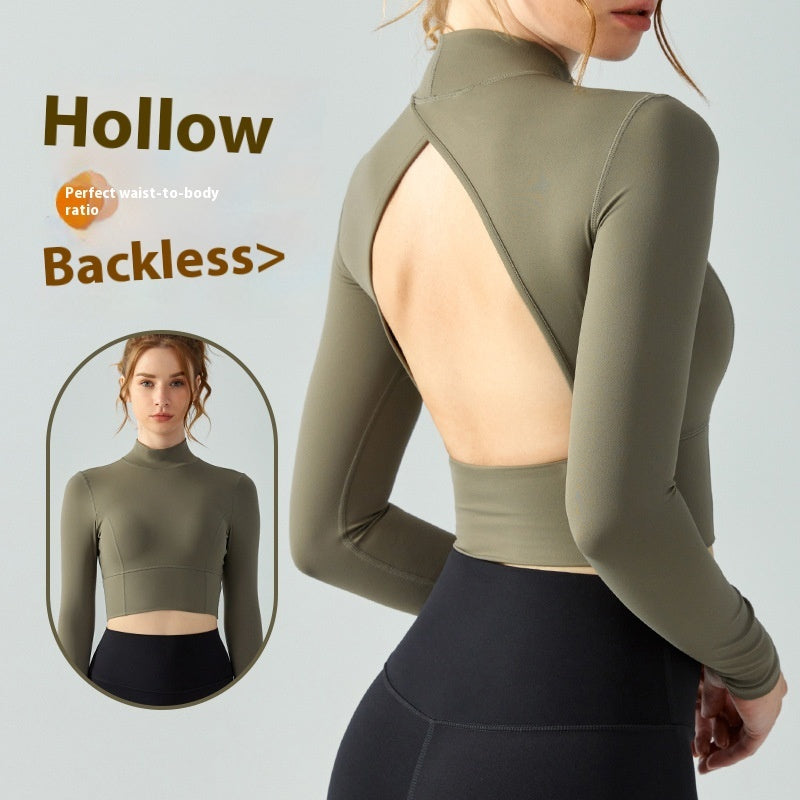 Stand Collar Fallwinter Yoga Wear Long Sleeve Women's Water Drop Semi-fixed Cup Hollow-out Beauty Back - kinko