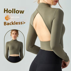 Stand Collar Fallwinter Yoga Wear Long Sleeve Women's Water Drop Semi-fixed Cup Hollow-out Beauty Back - kinko