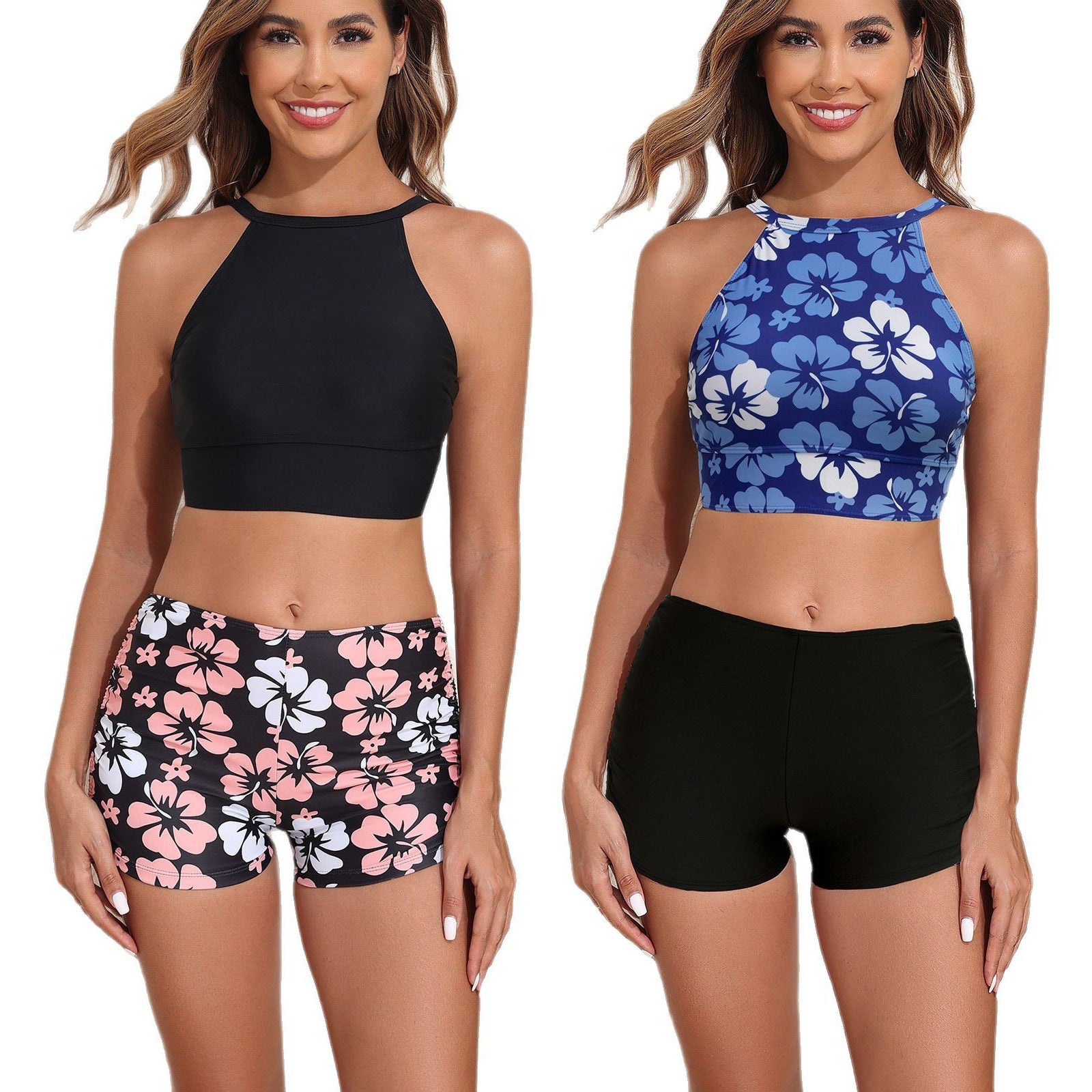 Vest High Waist Drawstring Conservative Split Boxers Bikini Swimsuit - kinko