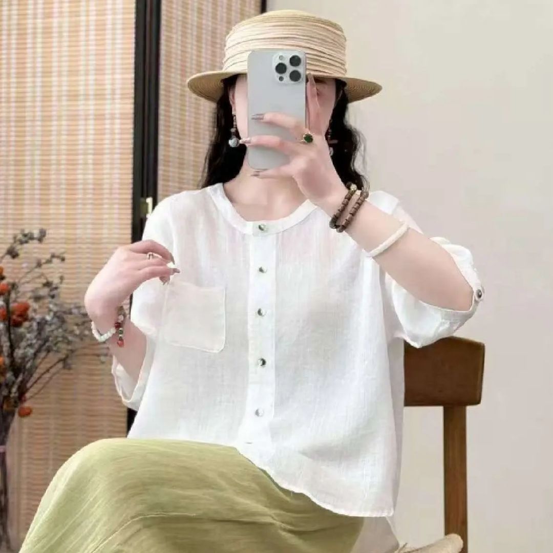 All-matching Western Style Cotton And Linen Short Sleeve Shirt - kinko