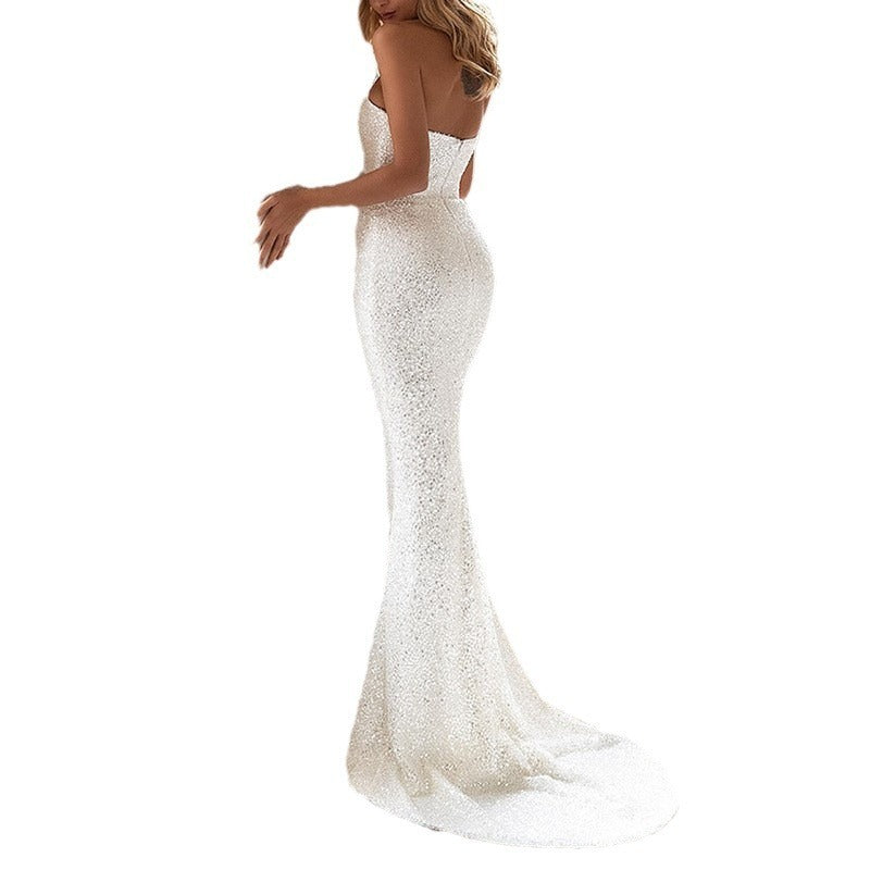 European And American Women's Clothing Slim Fit Fashion Dress Sequins White - kinko