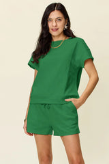Double Take Full Size Texture Short Sleeve T-Shirt and Drawstring Shorts Set - kinko