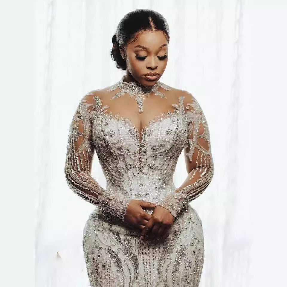 Wedding Dress African Bridal Lace Long Sleeve Fishtail - kinko