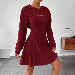 Women's Two-piece Set Dresses New Fashion Fall Winter Hooded Shawl Long-sleeved Vest Short Skirt - kinko