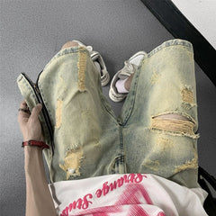 Retro Yellow Mud Ripped Denim Shorts Men's Loose Five Points - kinko