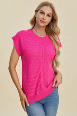 Double Take Full Size Cable-Knit Round Neck Cap Sleeve Sweater - kinko