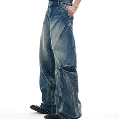 Men's Retro Washed Burst Pattern Curved Knife Jeans - kinko