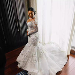 Wedding Dress African Bridal Lace Long Sleeve Fishtail - kinko
