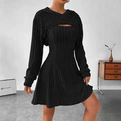 Women's Two-piece Set Dresses New Fashion Fall Winter Hooded Shawl Long-sleeved Vest Short Skirt - kinko