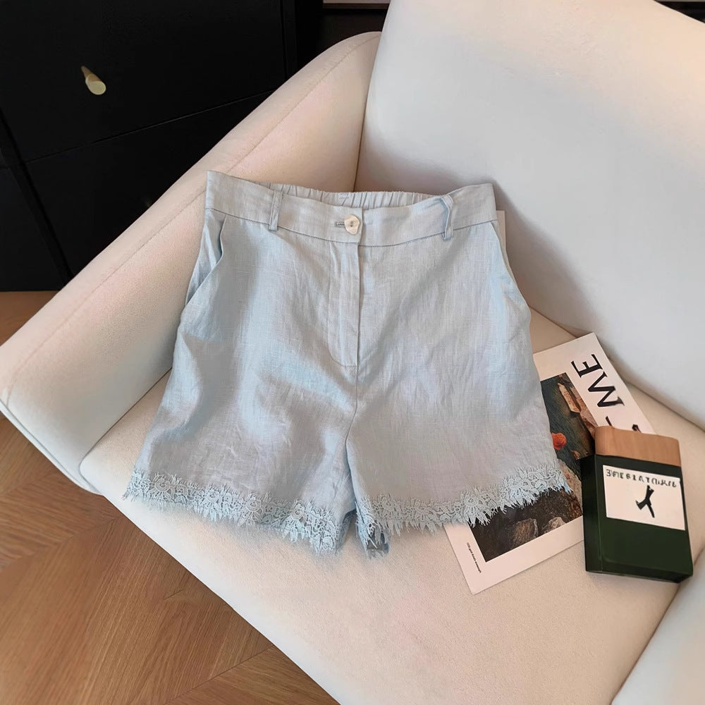 Lace Stitching Sleeveless Cotton And Linen Suit Women - kinko