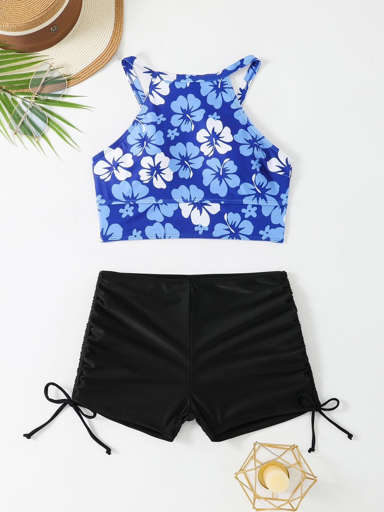 Vest High Waist Drawstring Conservative Split Boxers Bikini Swimsuit - kinko