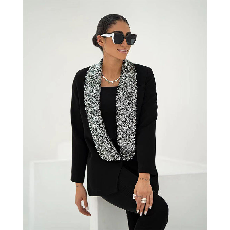 Black Shiny Sequined Deep V-neck Blazer - kinko