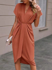 Summer Batwing Sleeve Dress Fashion V-neck Short Sleeve Pleated Dresses Womens Clothing - kinko