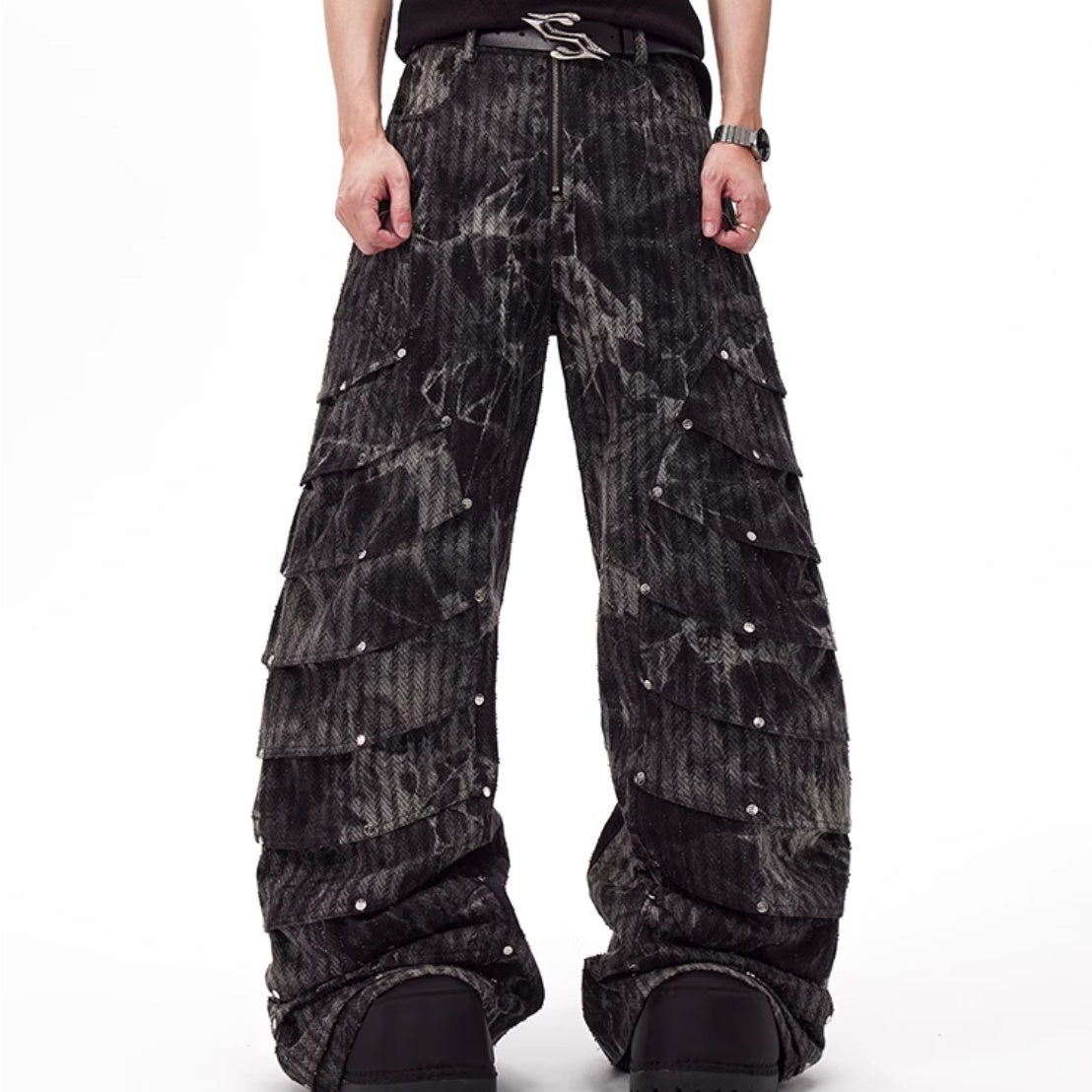 Deconstructed Rivet Machete Jeans Men's Retro Wide Leg Mop Pants - kinko