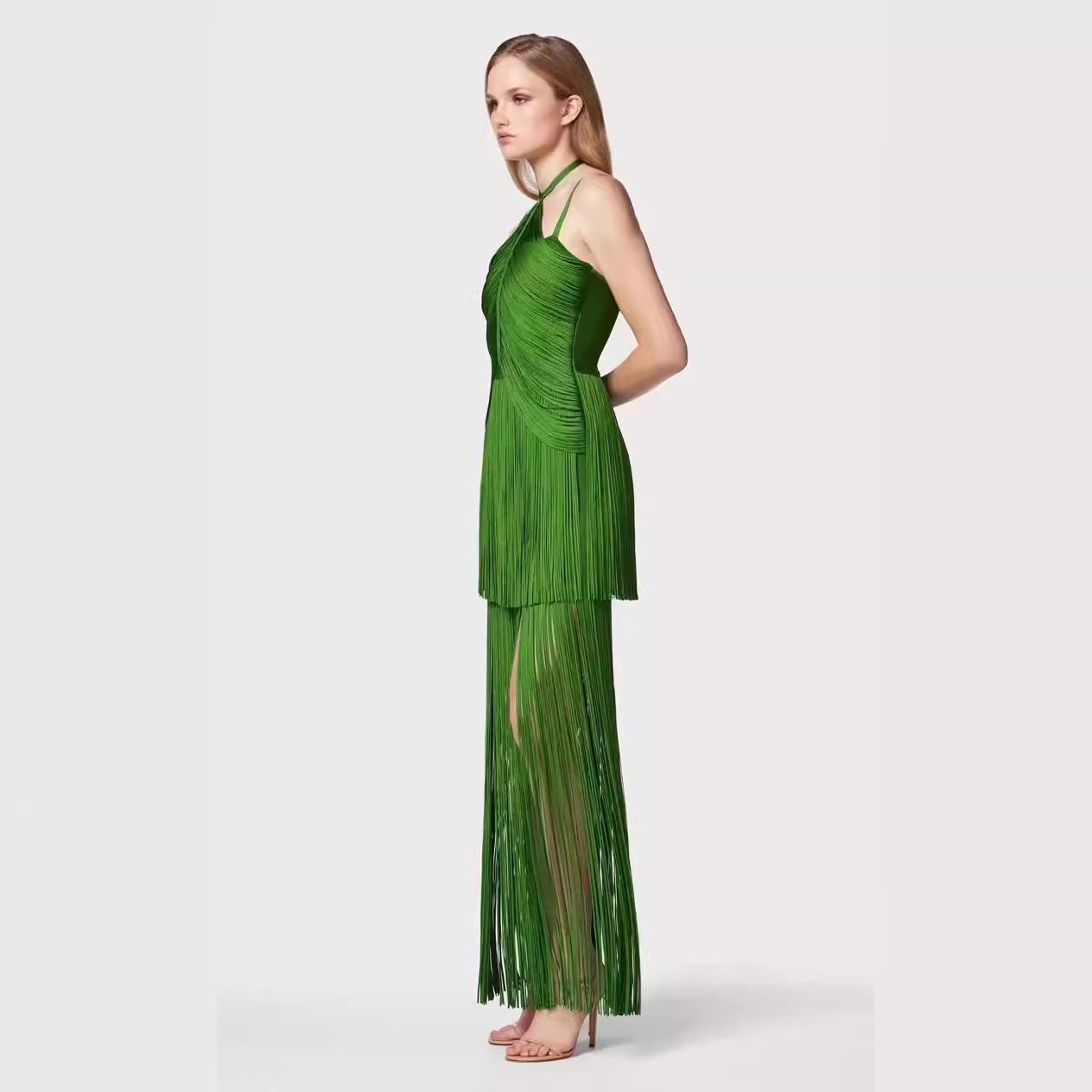 Green Halter Spaghetti Straps Tassel Dinner Ball Dress - kinko