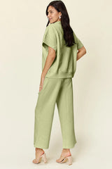 Double Take Full Size Texture Half Zip Short Sleeve Top and Pants Set - kinko