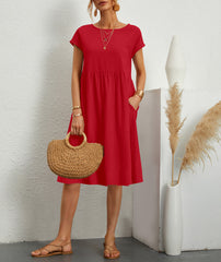 Summer Short-sleeved Dress With Pockets Fashion Solid Round Neck A-line Dresses For Women Clothing - kinko