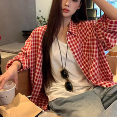 Red Plaid Shirt Cardigan Women's Long Sleeve Jacket - kinko