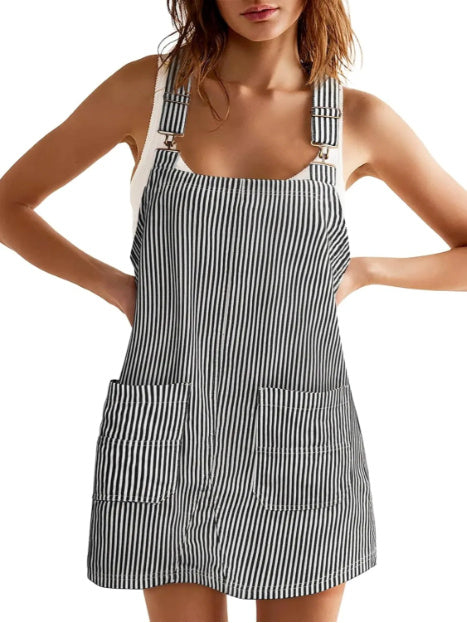 Striped Pocket Strap Adjustable Casual Dress - kinko