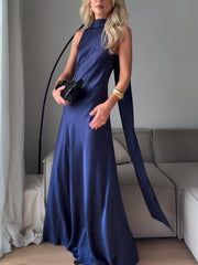 Royal Blue Satin Sleeveless Maxi Dress - kinko