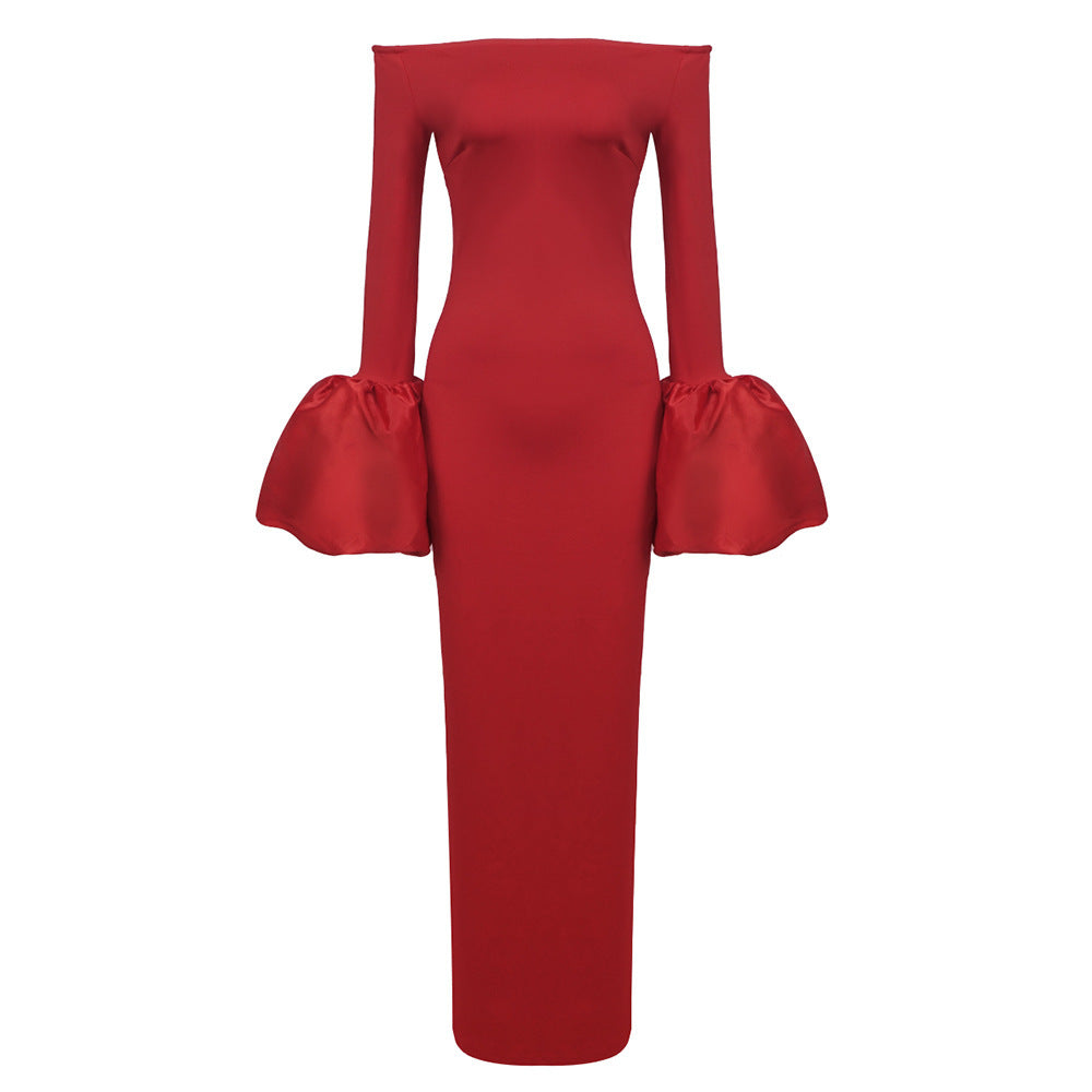 Dress Red And Black Slim-fit Long Sleeve French Lantern Sleeve Dress - kinko