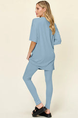 Double Take Full Size Round Neck Dropped Shoulder T-Shirt and Leggings Set - kinko