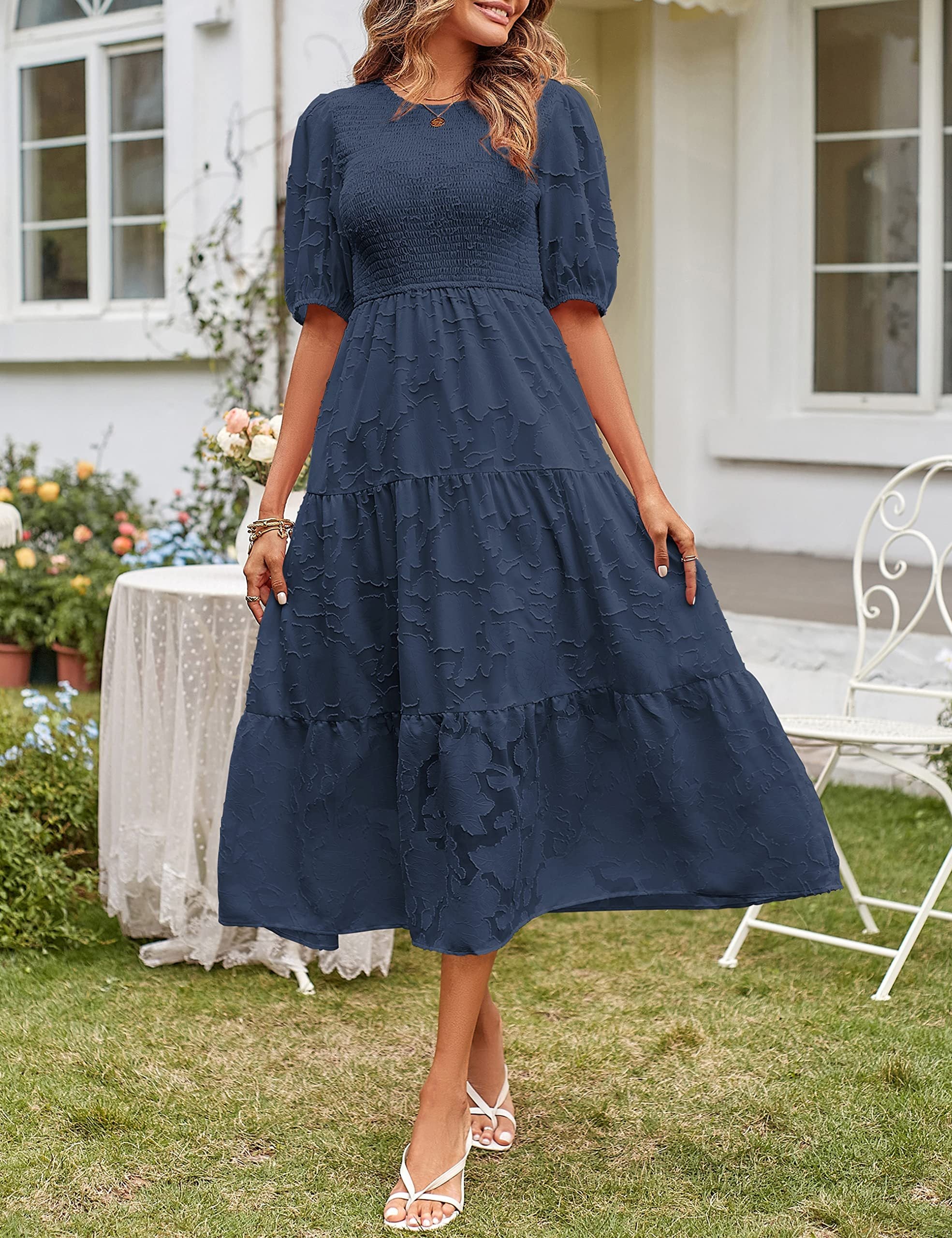 Women's Summer Casual Lace Dress Floral Ruffle Puff Short Sleeve High Waist Midi Beach Dresses - kinko
