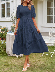 Women's Summer Casual Lace Dress Floral Ruffle Puff Short Sleeve High Waist Midi Beach Dresses - kinko