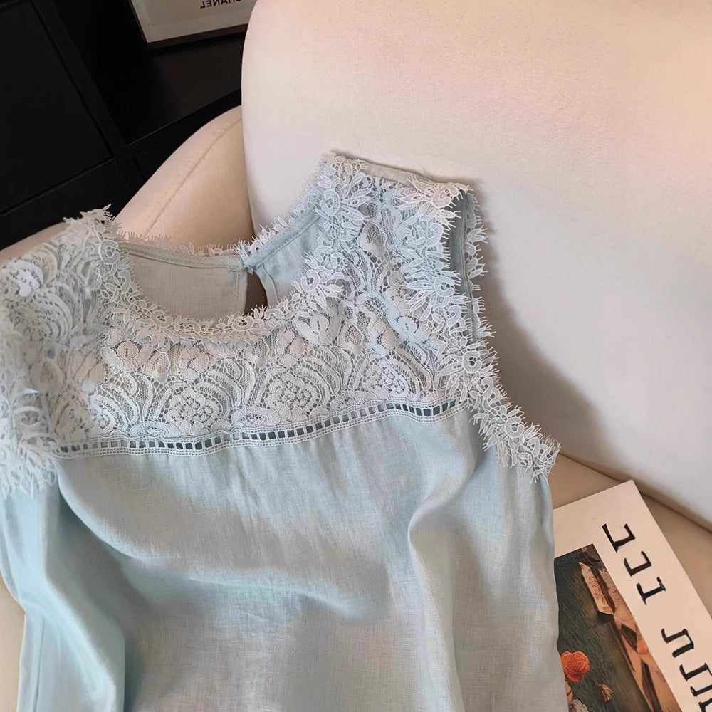 Lace Stitching Sleeveless Cotton And Linen Suit Women - kinko