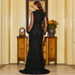 Long Sleeve Round Neck Sequins Banquet Fishtail Evening Dress - kinko