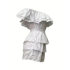 Womens Sexy Off Shoulder Rompers Summer Ruffle Short Sleeve Tiered Short Jumpsuits - kinko